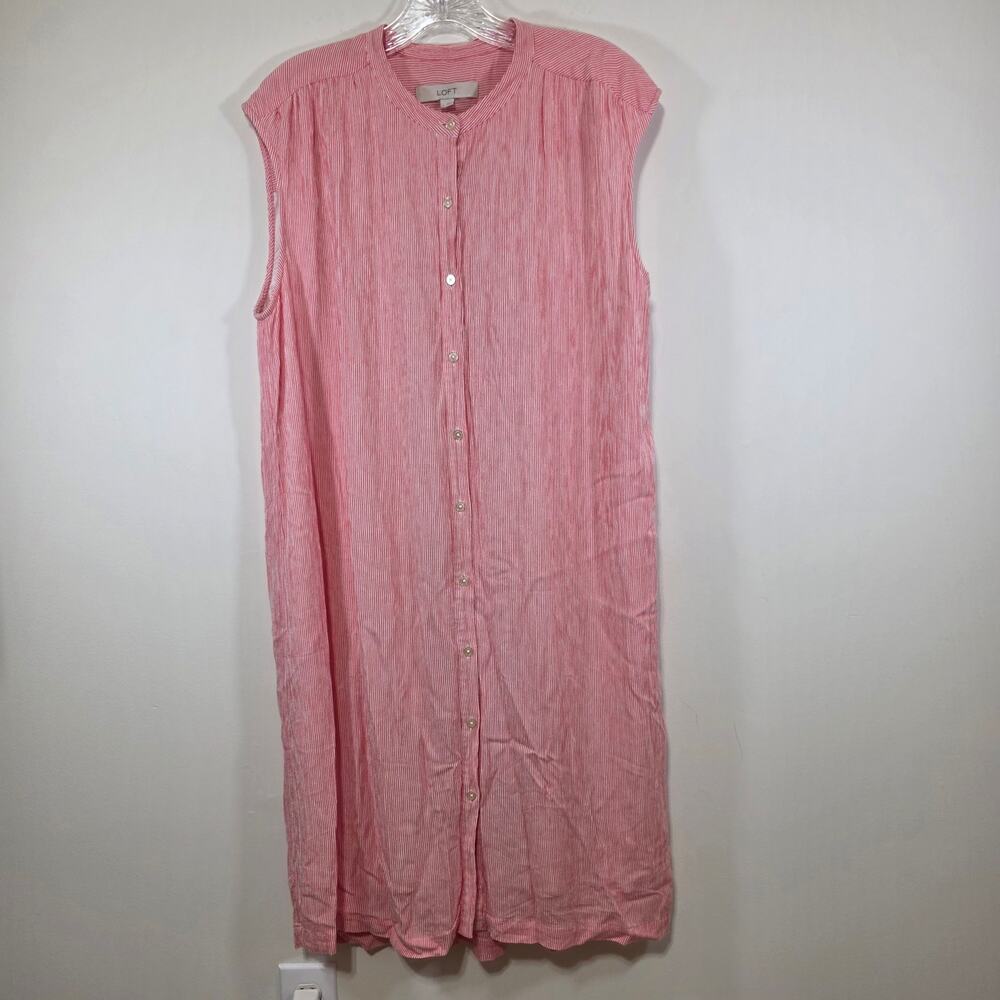 Loft Sleeveless Nautical Red Striped Gauzy Shirt Dress Size Large